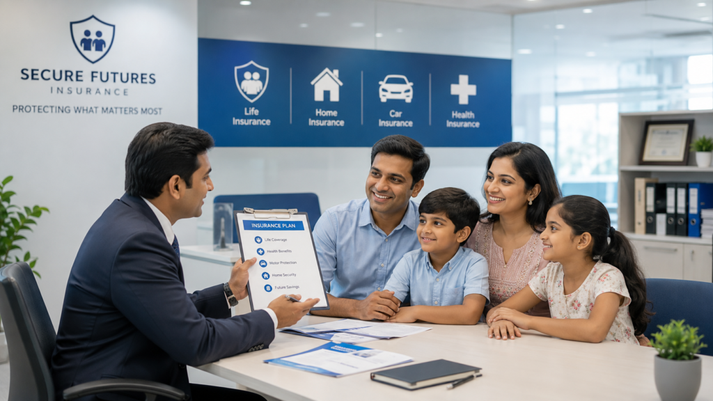 Insurance advisor consulting with a family about life, health, and vehicle insurance plans