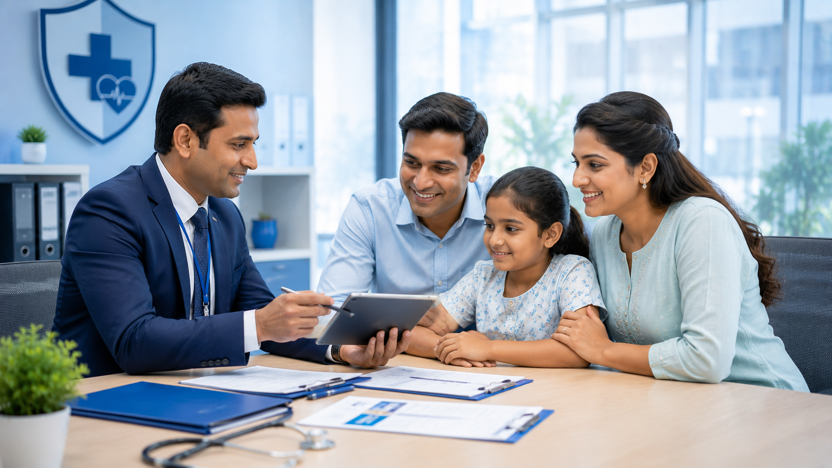 Indian family discussing a health insurance plan with a professional insurance advisor