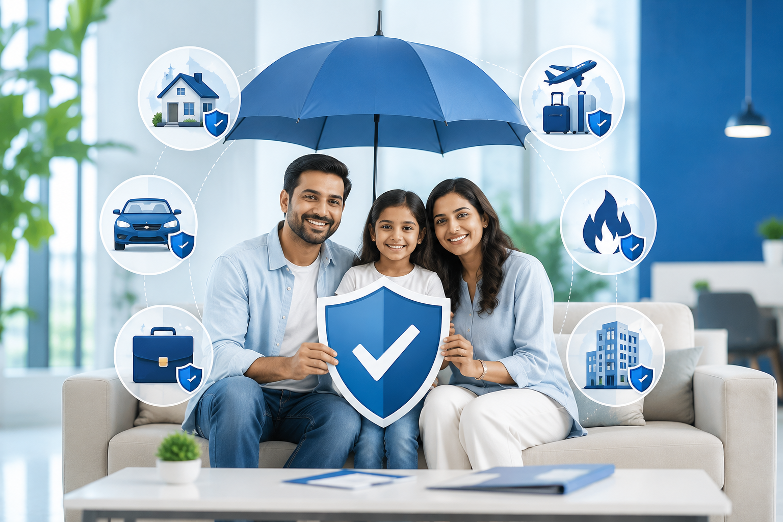 Indian insurance advisor explaining general insurance plans including home, car, and business insurance