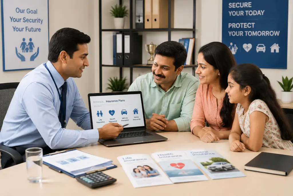 Indian insurance advisor explaining insurance plans to a family